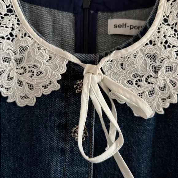 Self-Portrait denim Mini Dress with White Lace Collar size 2 - Picture 6 of 10